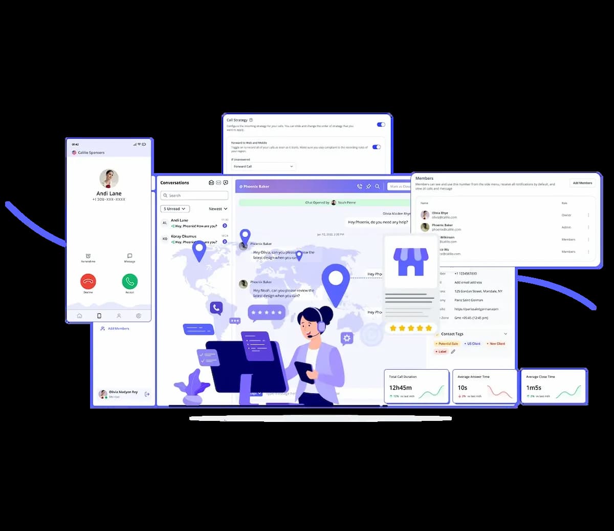 Calilio app showing 308 area code call center metrics and chat
