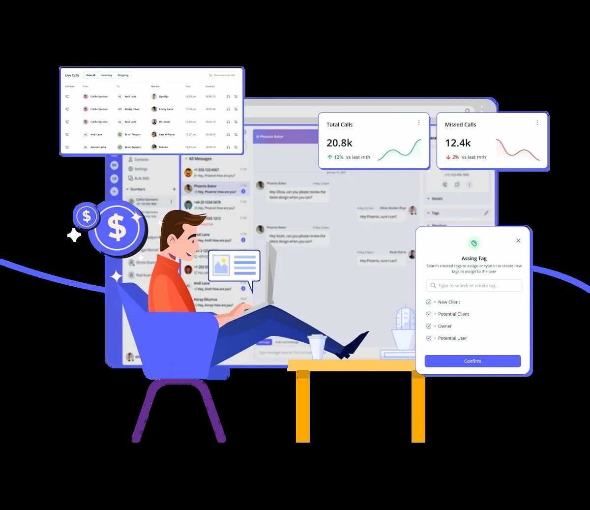 Calilio platform displaying call statistics, sentiment analysis, and security shield on a laptop