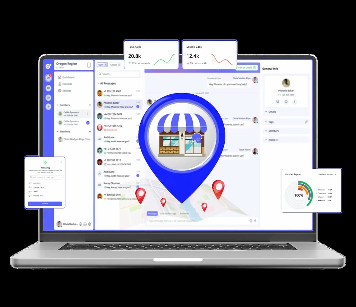 Dashboard displaying business call analytics and location indicators.