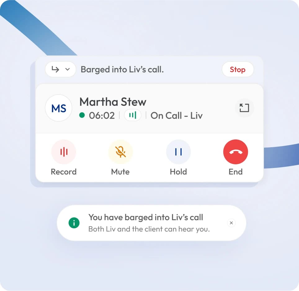 Calilio call barge interface showing ongoing call controls and notification message