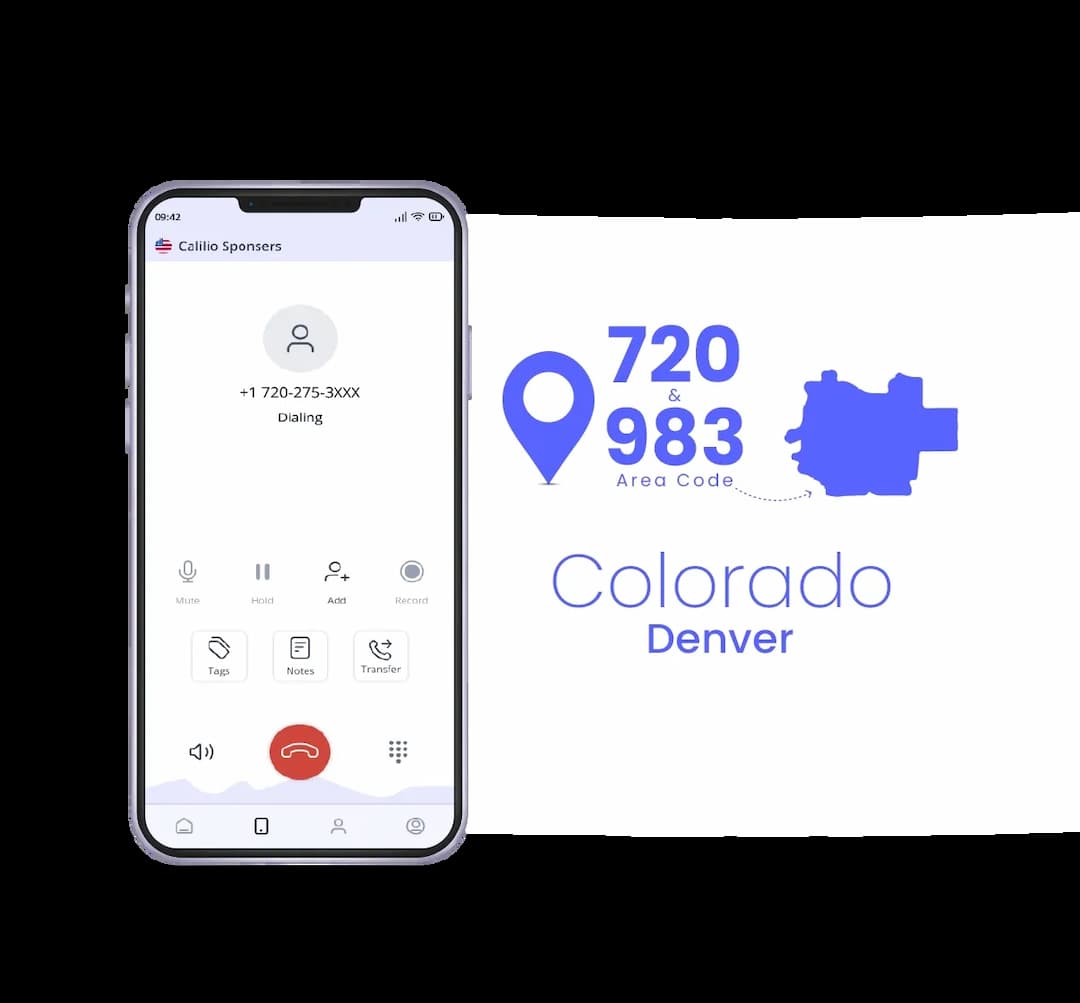 Calilio's call interface with 720 area code number and Colorado State Capitol in background