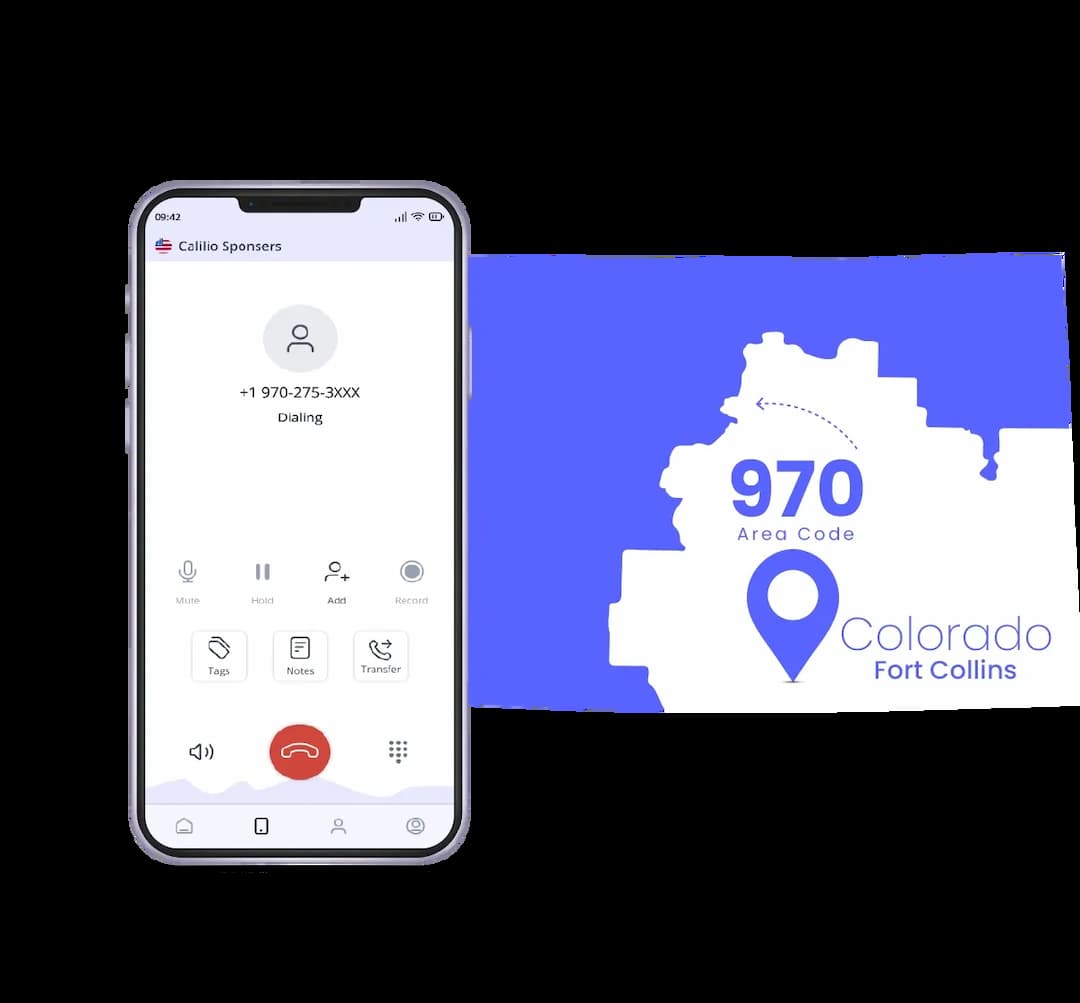 Calilio's call interface with 970 area code number and  The Fountain at Old Town Square in Fort Collins in background
