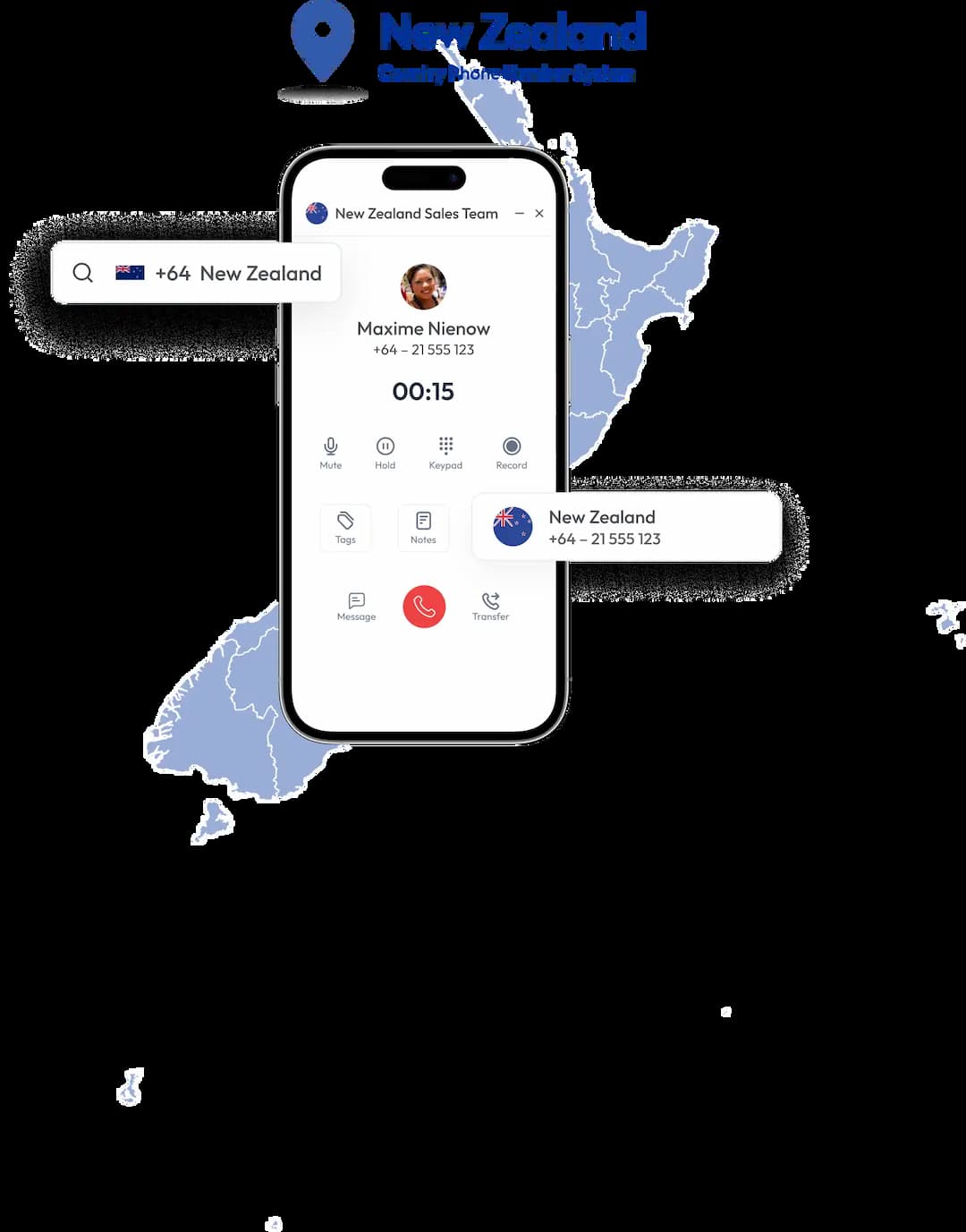 newzealand phone number pinned in a mobile phone with a map