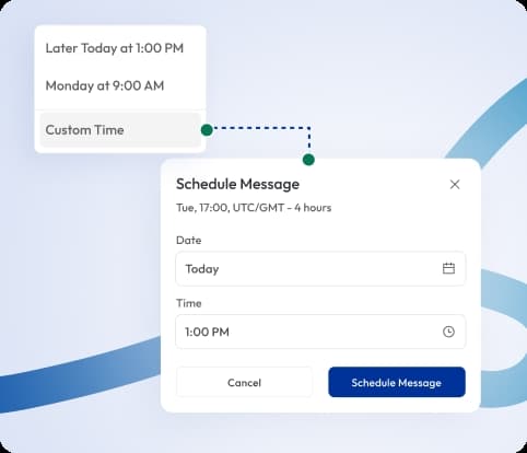 text message scheduling interface showing composed message set for future delivery