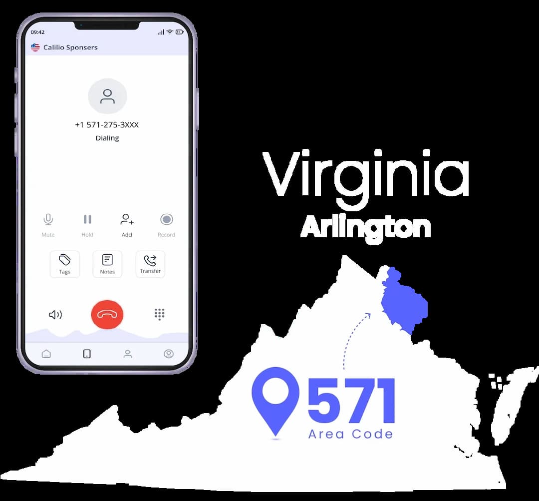 US Marine Corps War Memorial as background with a mobile calling 571 area code number