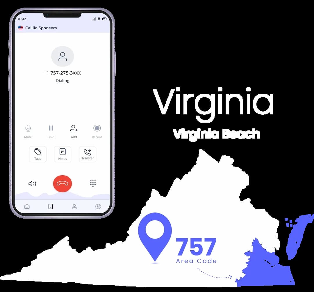 Calilio's call dial interface calling 757 area code with Virginia Aquarium & Marine Science Center as background