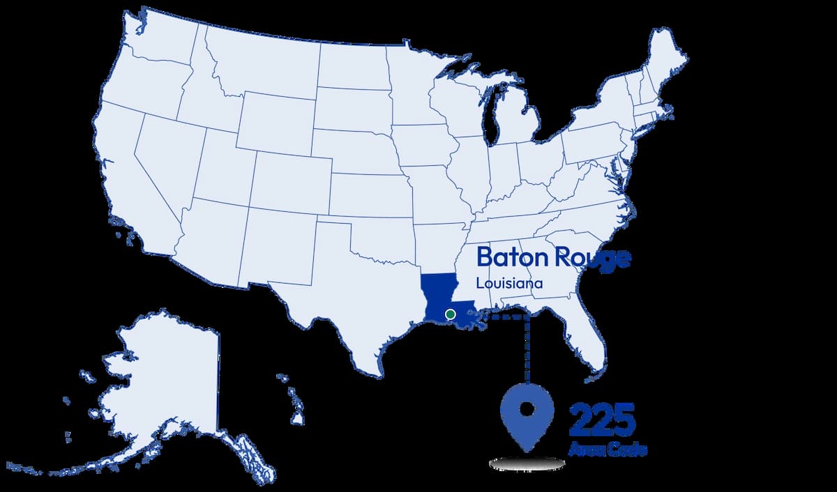 225 area code map showing Baton Rouge and nearby Louisiana cities