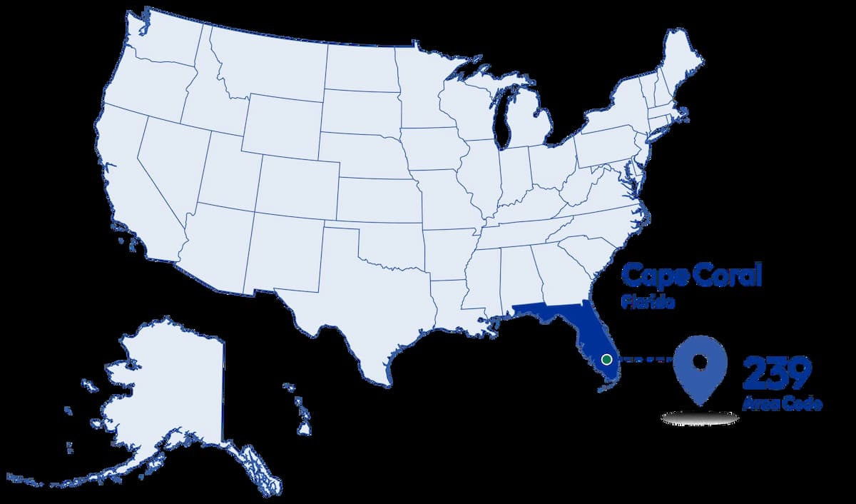 239 area code map showing Cape Coral and nearby Florida cities