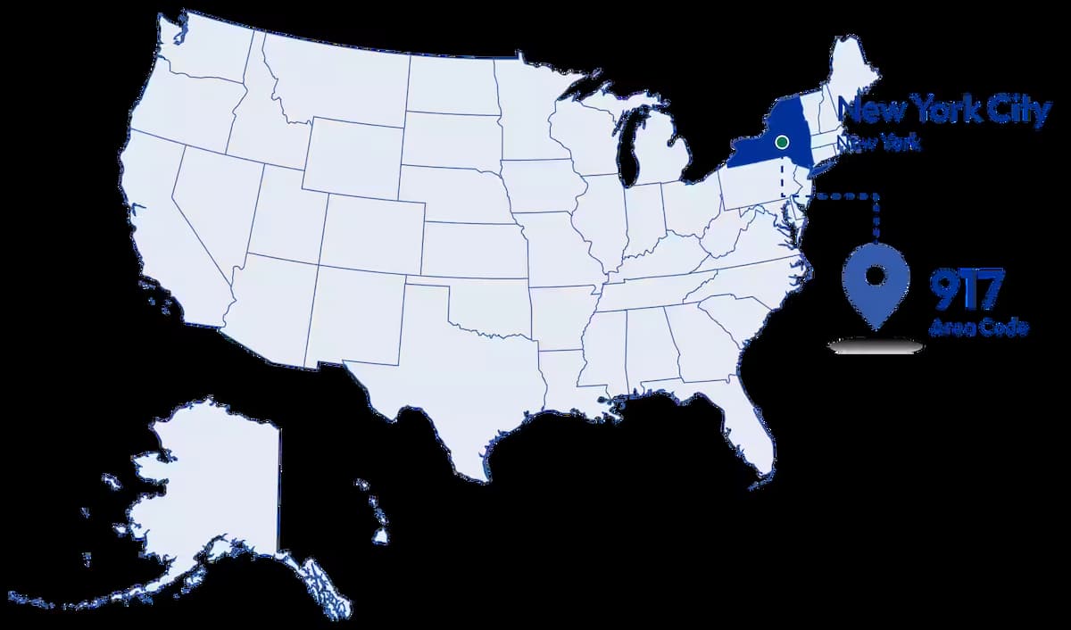 US map showing 917 area code location in New York City, New York with location pin marker