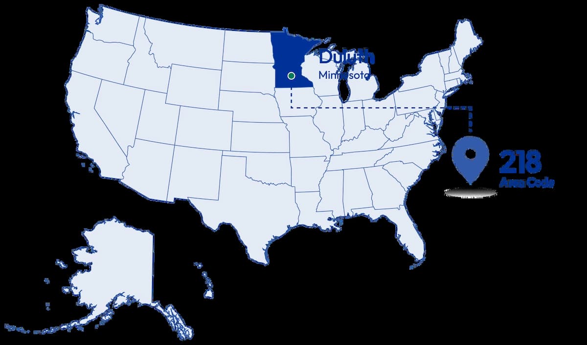 United States map with Minnesota and 218 area code region marked in blue