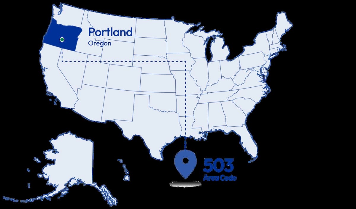 503 area code Portland Oregon location on US state map with location pin