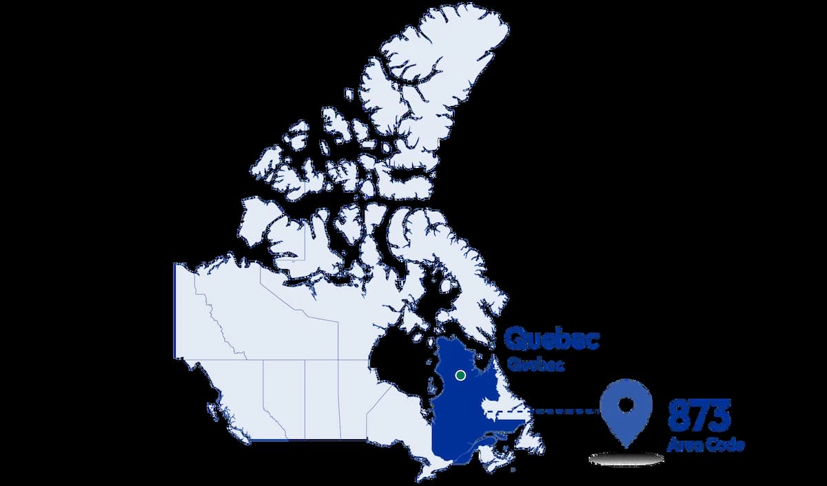 Map highlighting Quebec 873 area code region in Canada