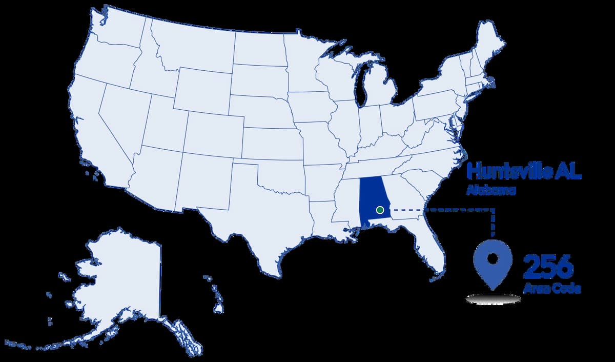 map diagram with pinned 256 area code number