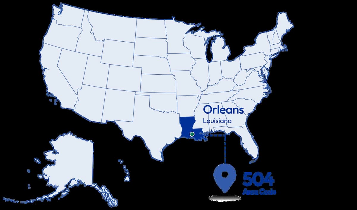 map of the united states highlighting Louisiana with the 504 area code location marked