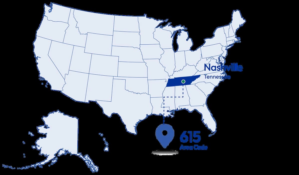 United States map highlighting Nashville, Tennessee with 615 area code location marker