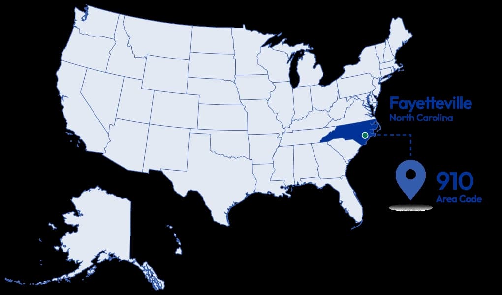 map diagram with pinned 910 area code number