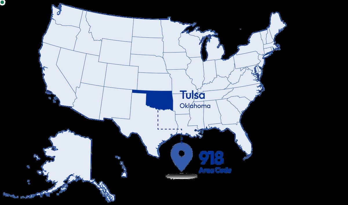 map diagram with pinned 918 area code number
