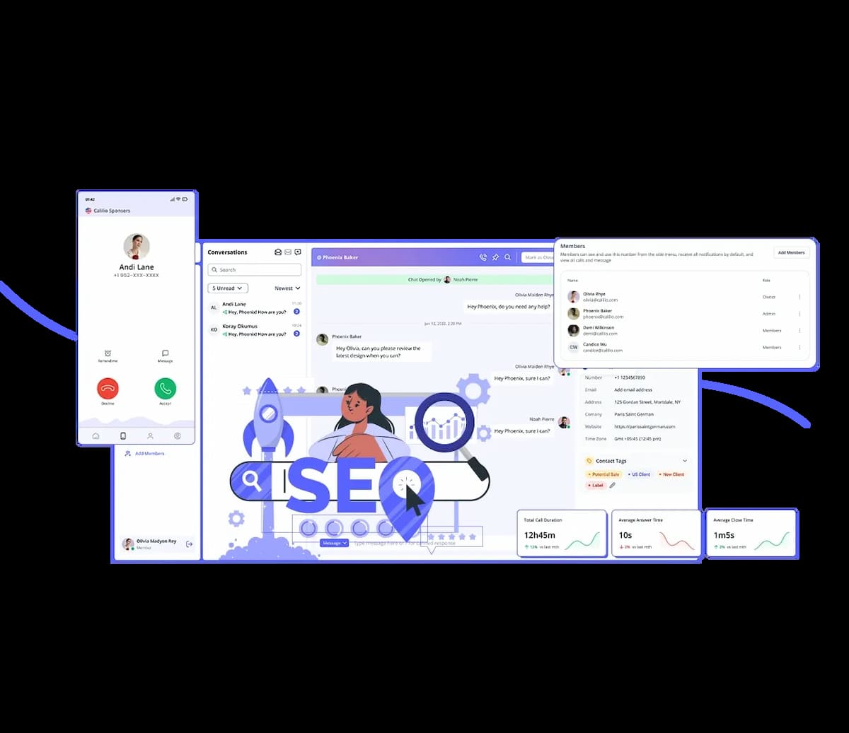 SEO dashboard with conversation tracking, member list, and call analytics.