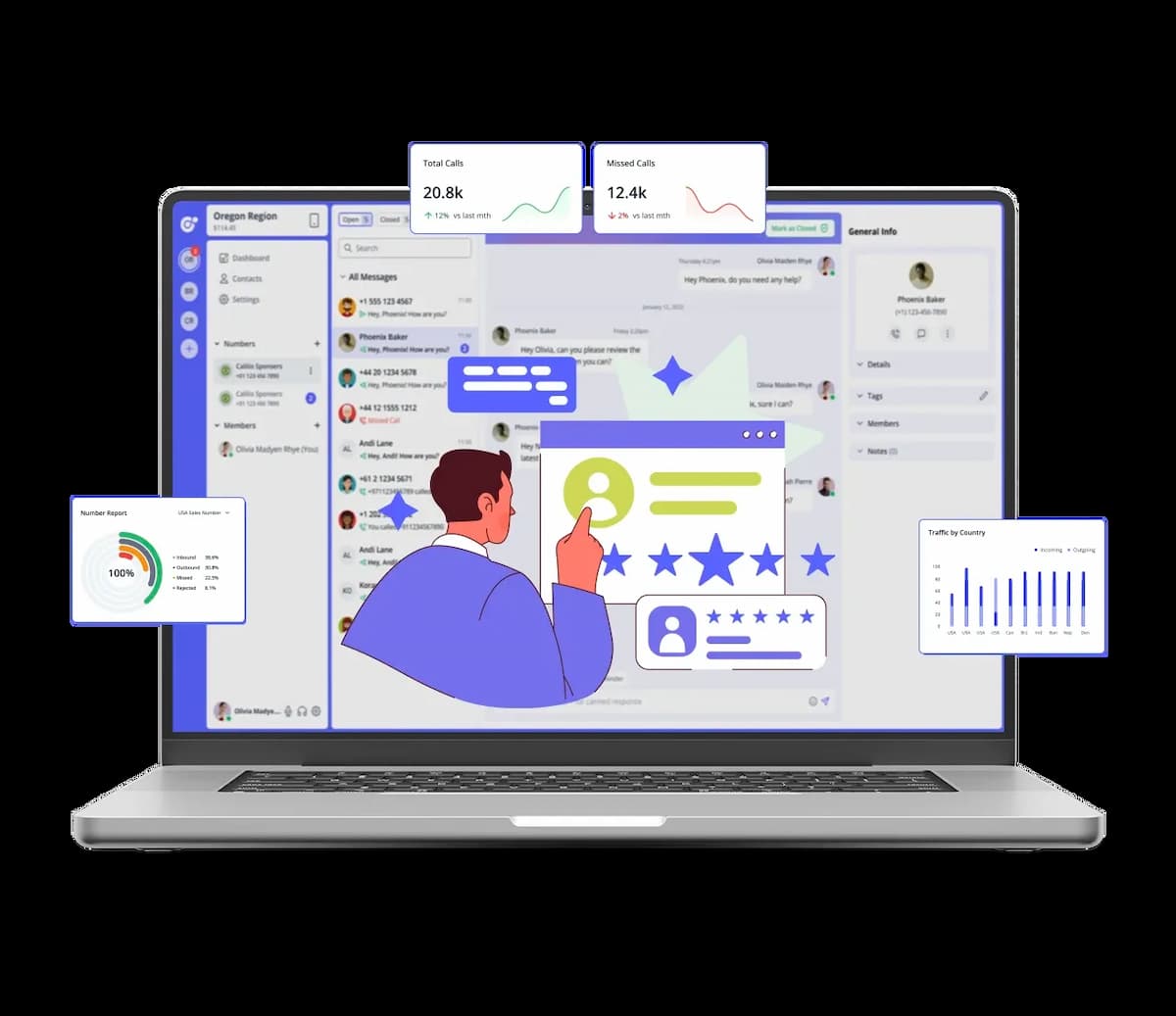 Person using business communication dashboard with call analytics
