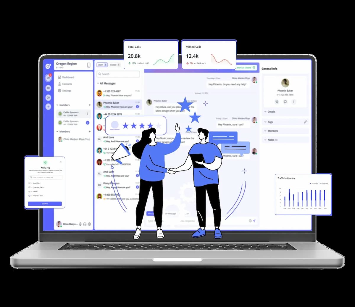 A laptop displaying analytics and communication dashboard with graphs.