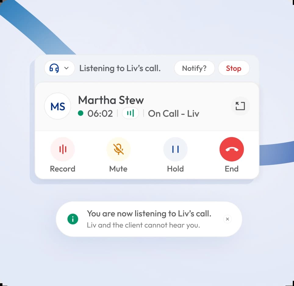 call listening feature for real time monitoring and quality assessment