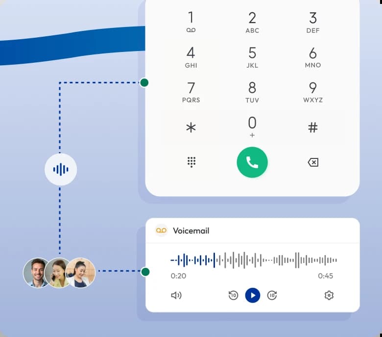 Calilio phone system voicemail feature with dial pad and recorded voice message playback