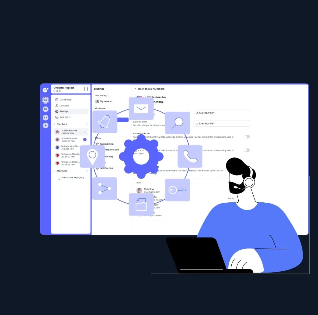 Two people holding gear icon facing each other in front of Calilio's interface for different devices