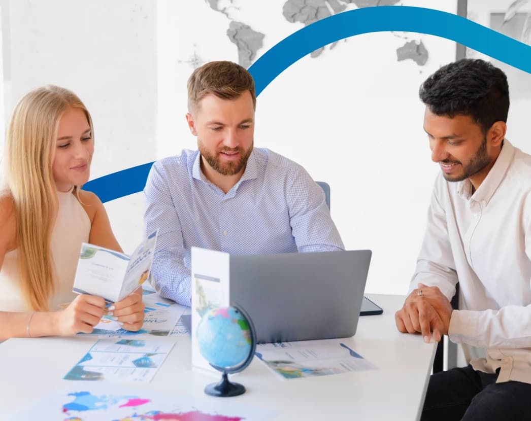 three peoples are discussing on international business