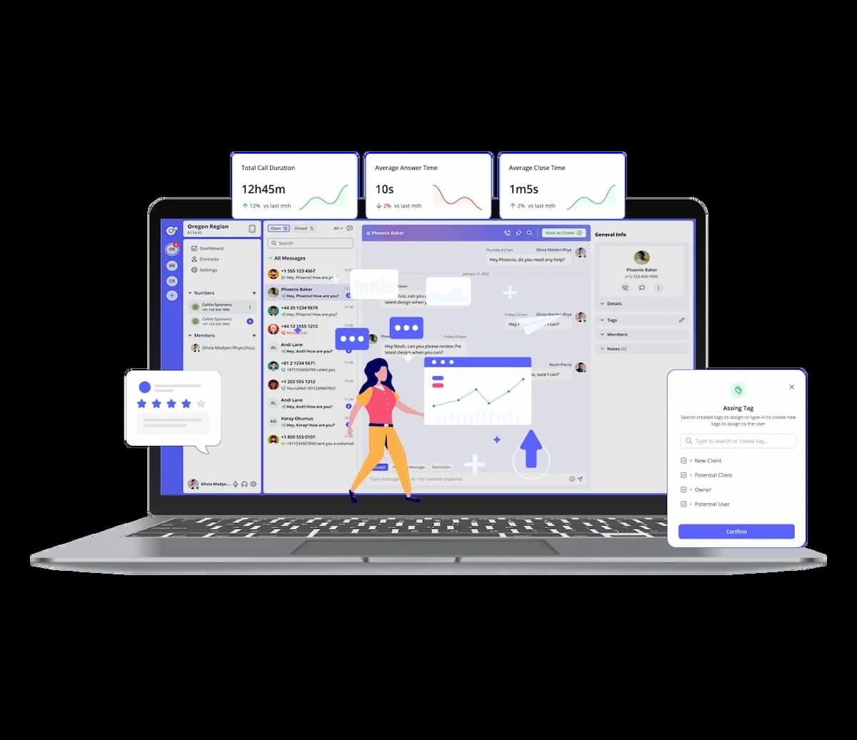 interface of call statistics and list of contacts with chat conservation on calilio