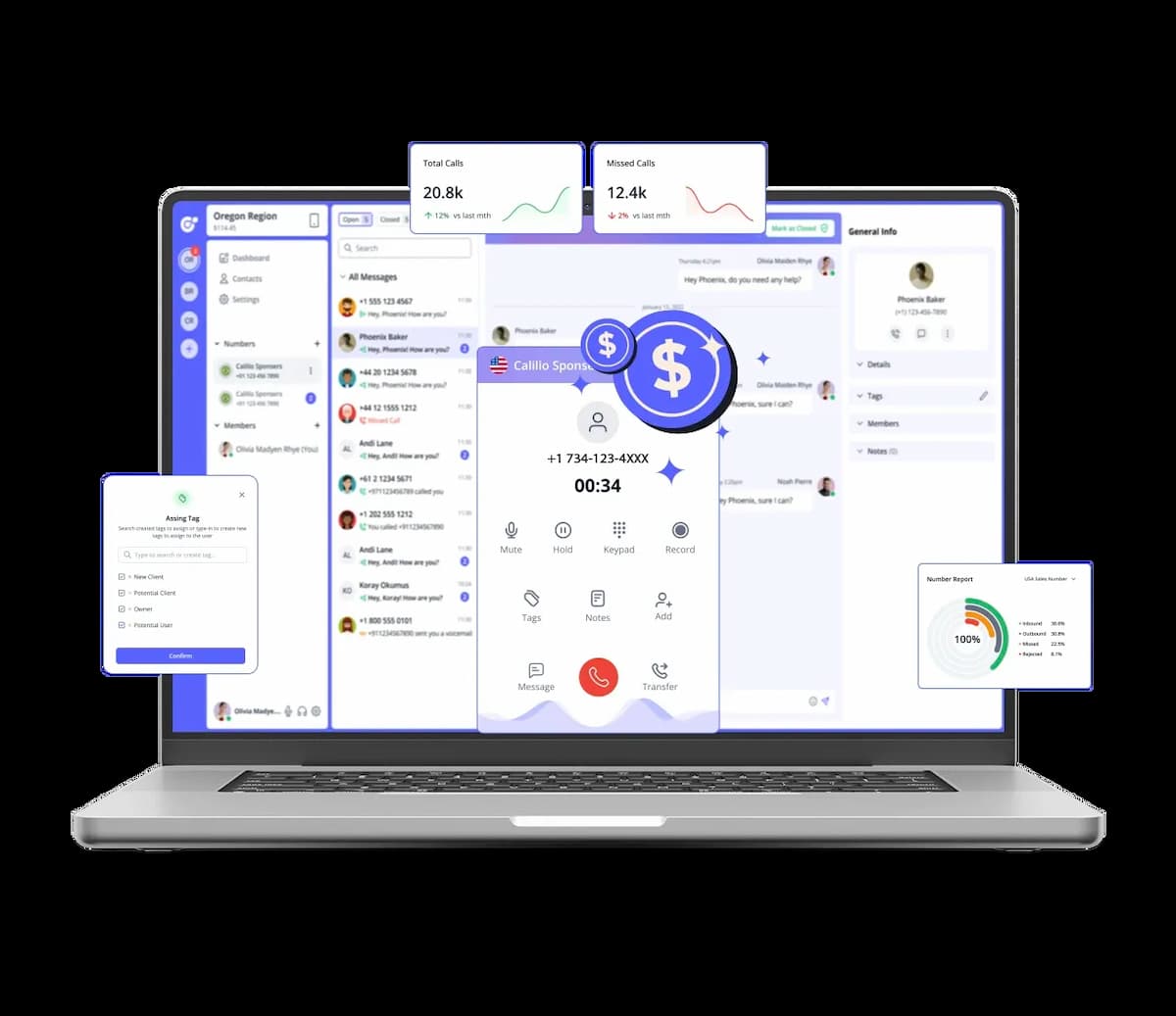 laptop displaying call management interface with call analytics dashboard